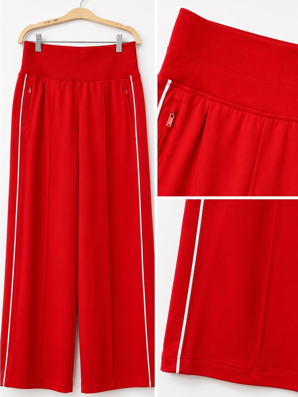 Athleta Red Wide-Leg Track Pants with White Side Piping